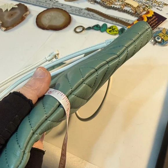 Thacker sea foam green leather Quilted Handbag purse 10” x 8” - Picture 12 of 14